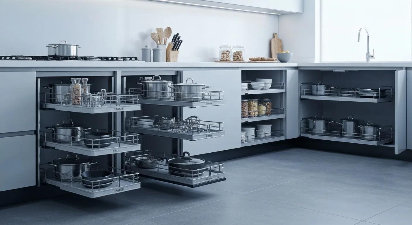 Innovative kitchen storage solutions featuring pull-out shelves and organized cookware