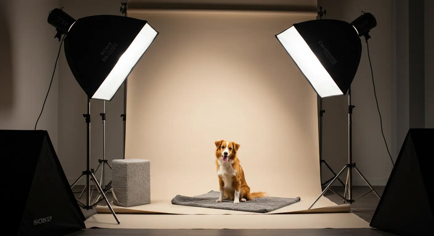 a cozy indoor photography studio, featuring soft, adjustable lighting that highlights a playful dog against a minimalist, textured backdrop, emphasizing its personality and expressions while eliminating distracting elements.