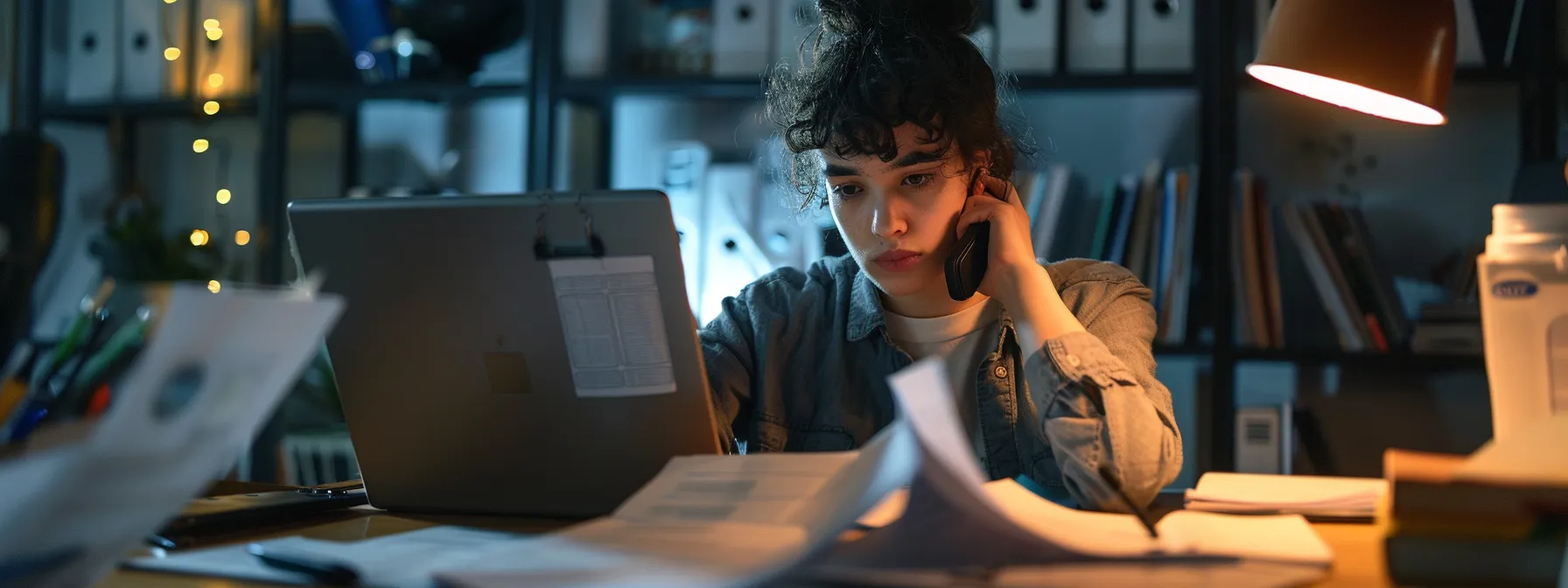 a person sitting at a desk, talking on the phone while looking at paperwork and appearing thoughtful.