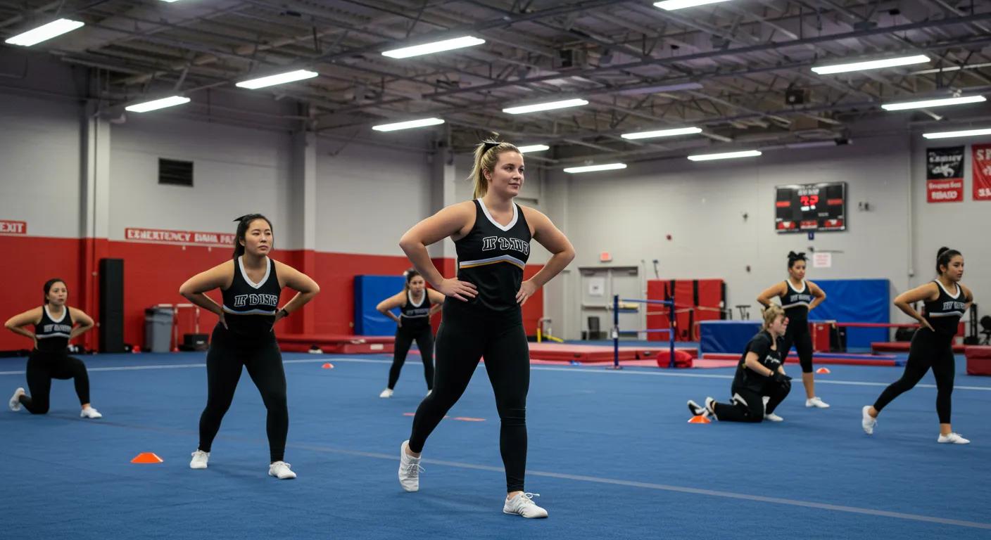 a modern cheerleading facility features clearly marked safe zones and emergency exits, where a diverse group of coaches conducts an engaging safety training session with practice mats and equipment in the background, illuminated by bright artificial lighting.