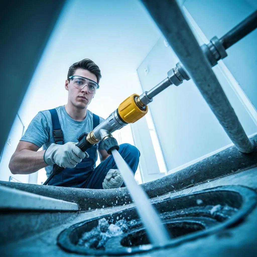 Technician performing hydro-jetting service to clear a clogged drain, highlighting modern plumbing techniques Technician performing hydro-jetting service to clear a clogged drain, highlighting modern plumbing techniques