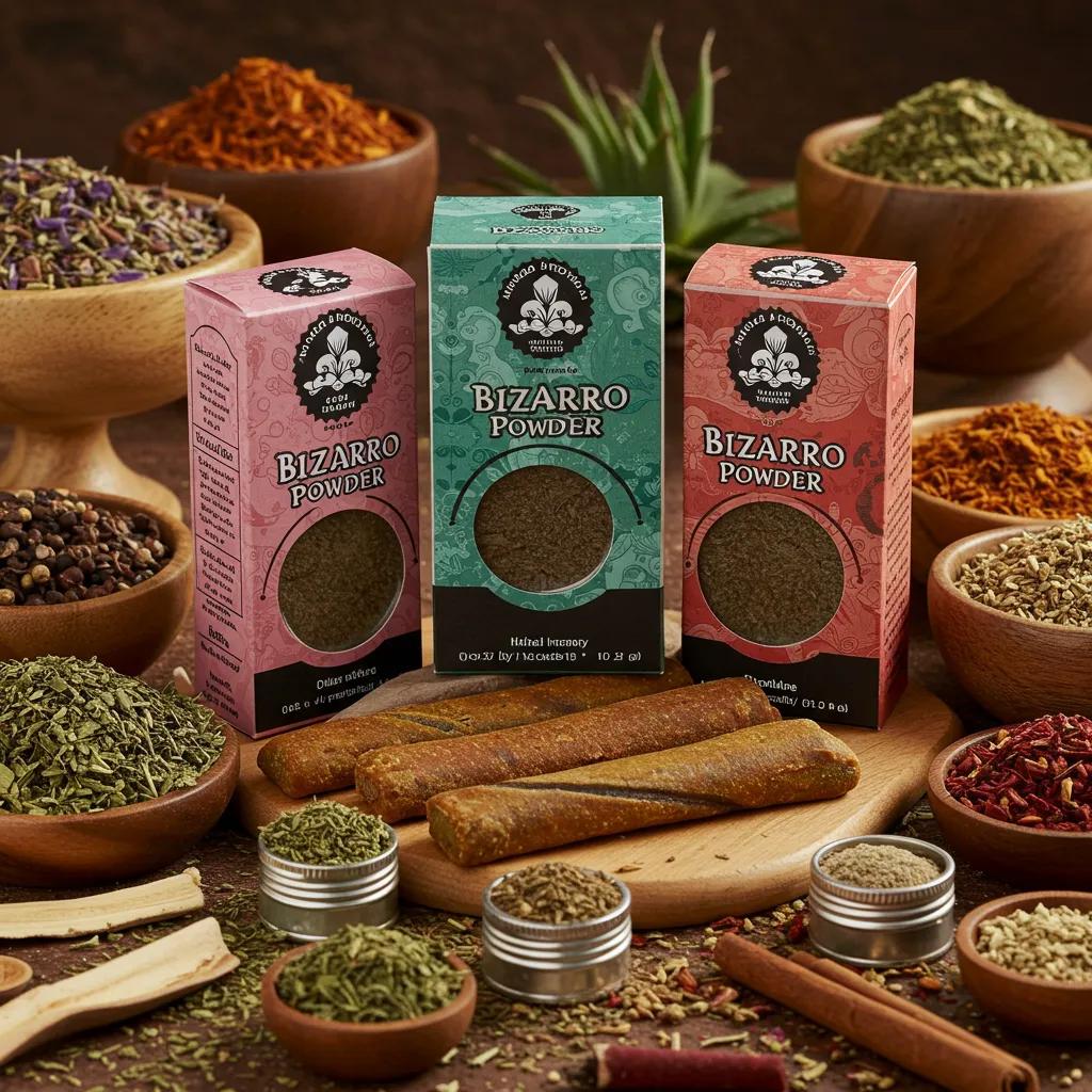 Bizarro Powder herbal incense featuring vibrant packaging and aromatic botanicals, highlighting its premium quality and sensory experience