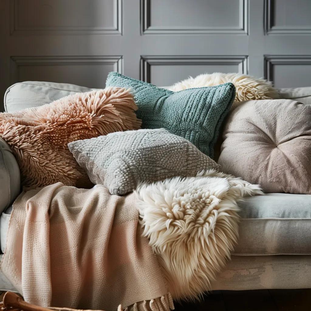 Seasonal throw blankets on a sofa, demonstrating styling for different seasons