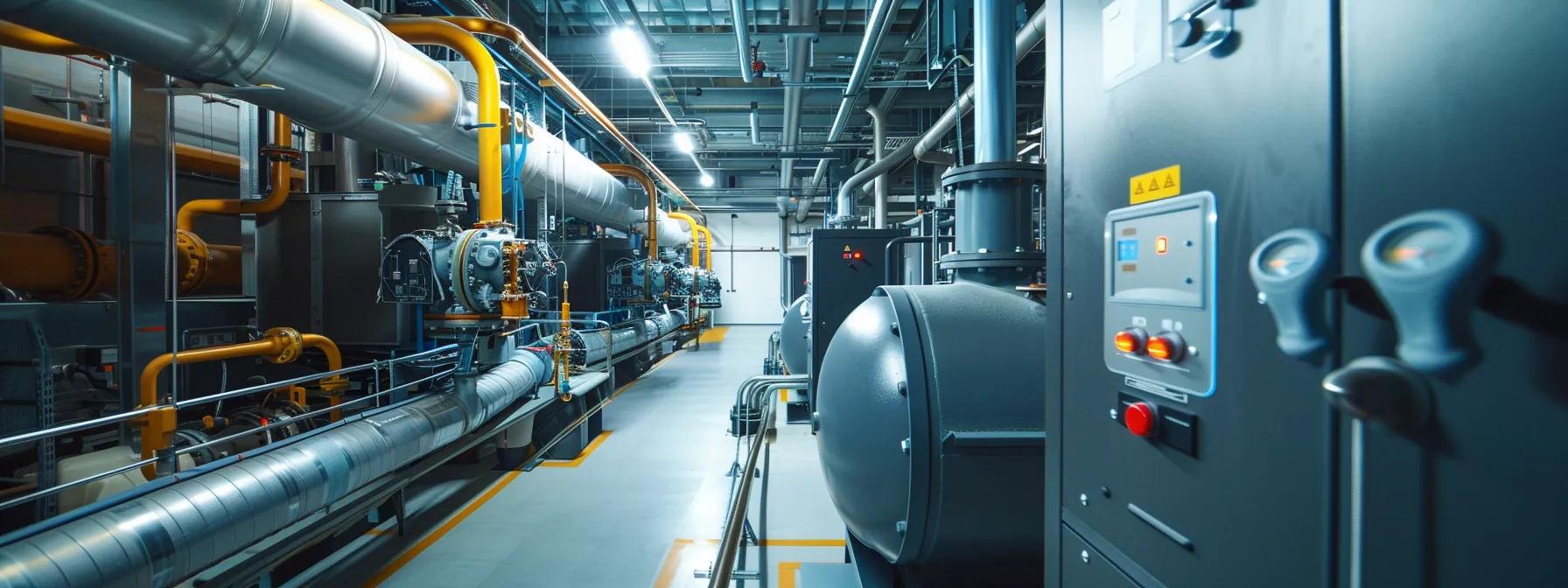 a visually compelling scene of a modern boiler room with high-tech equipment, featuring a prominently displayed control panel showing warning indicators, amidst a backdrop of smooth metallic surfaces and pipes, highlighting the potential signs of boiler failure.