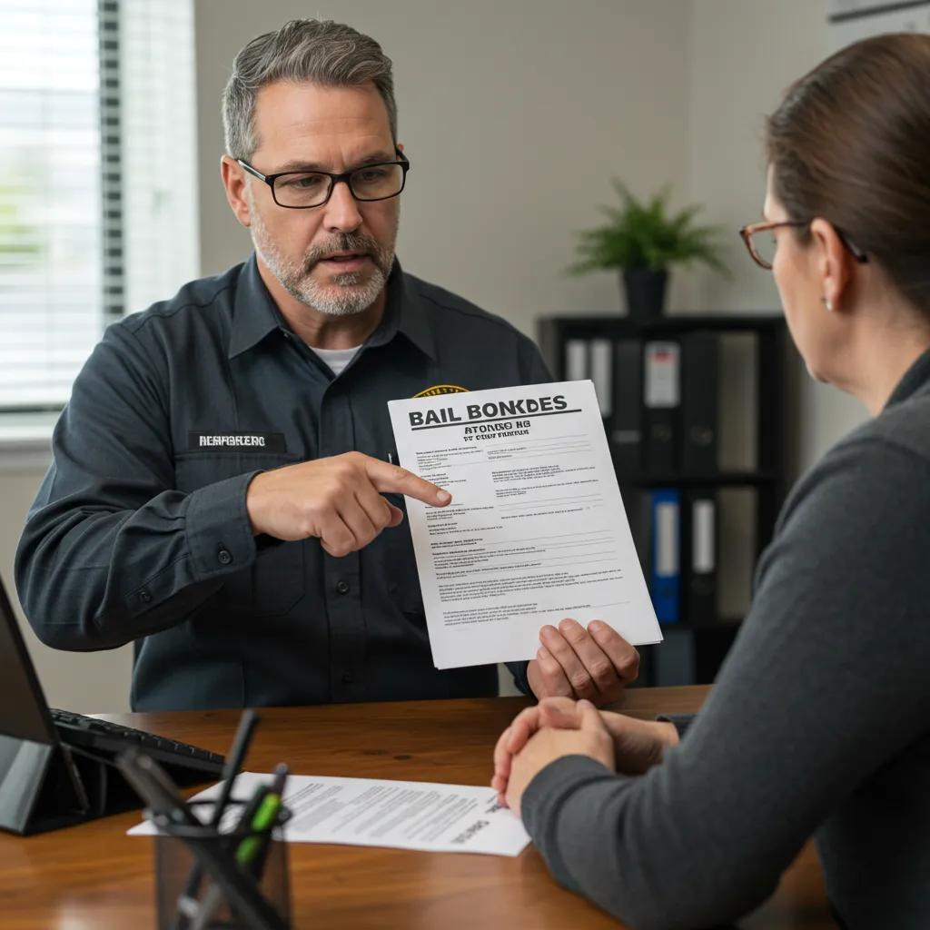 Bondsman explaining the bail process to a client in an office, highlighting clarity and support