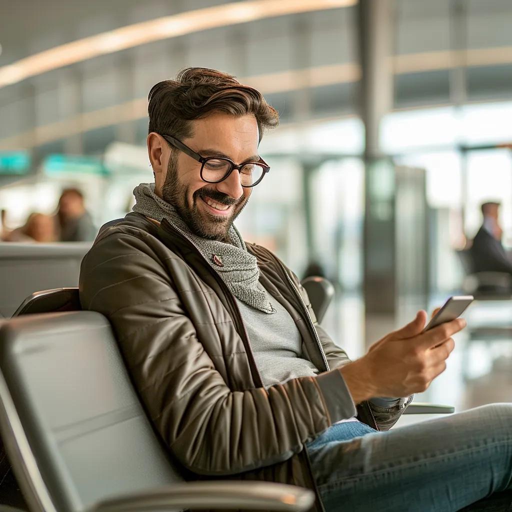 Traveler booking a private transfer online at the airport, highlighting convenience and ease