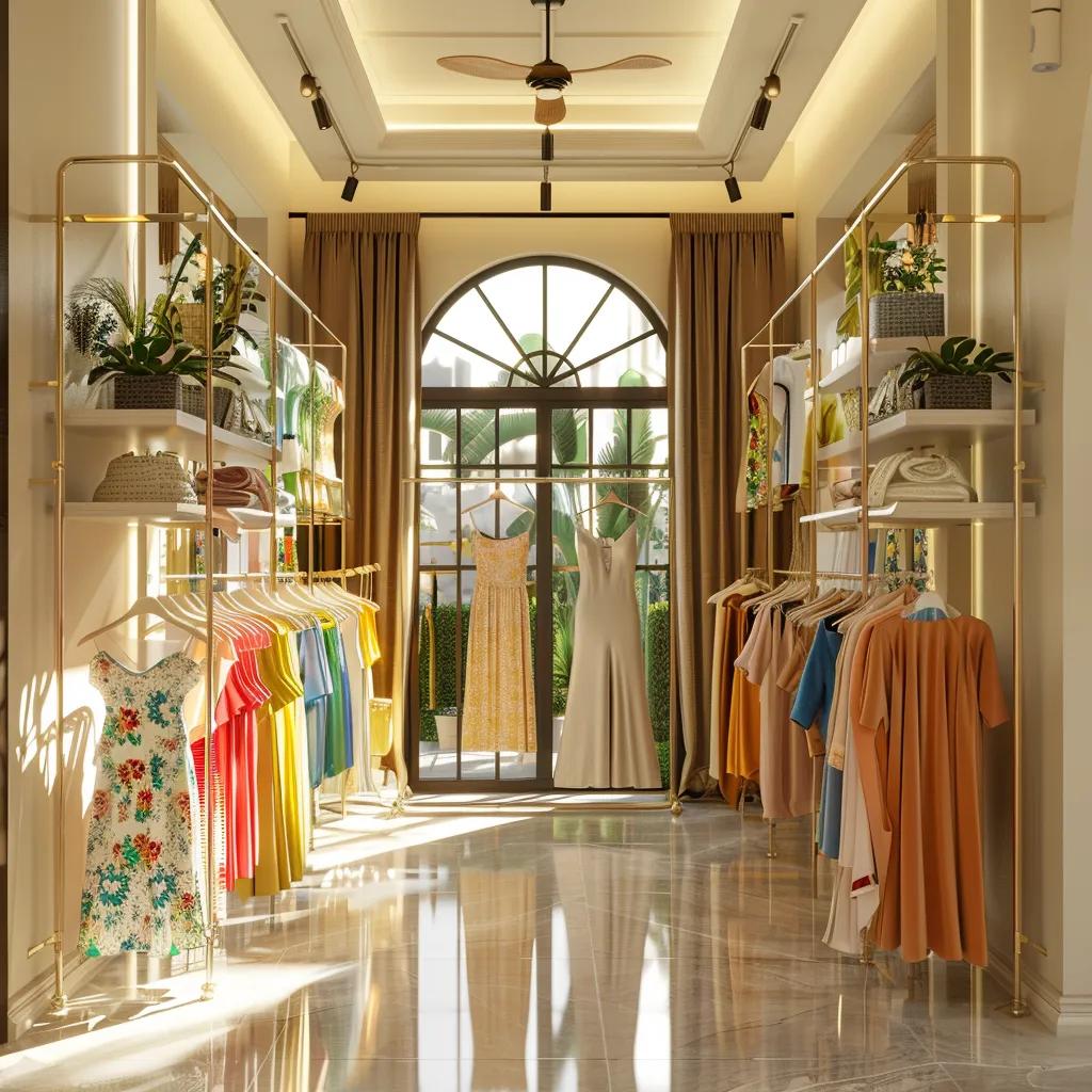 Charming women's fashion boutique interior with colorful clothing and accessories in Mandeville, LA