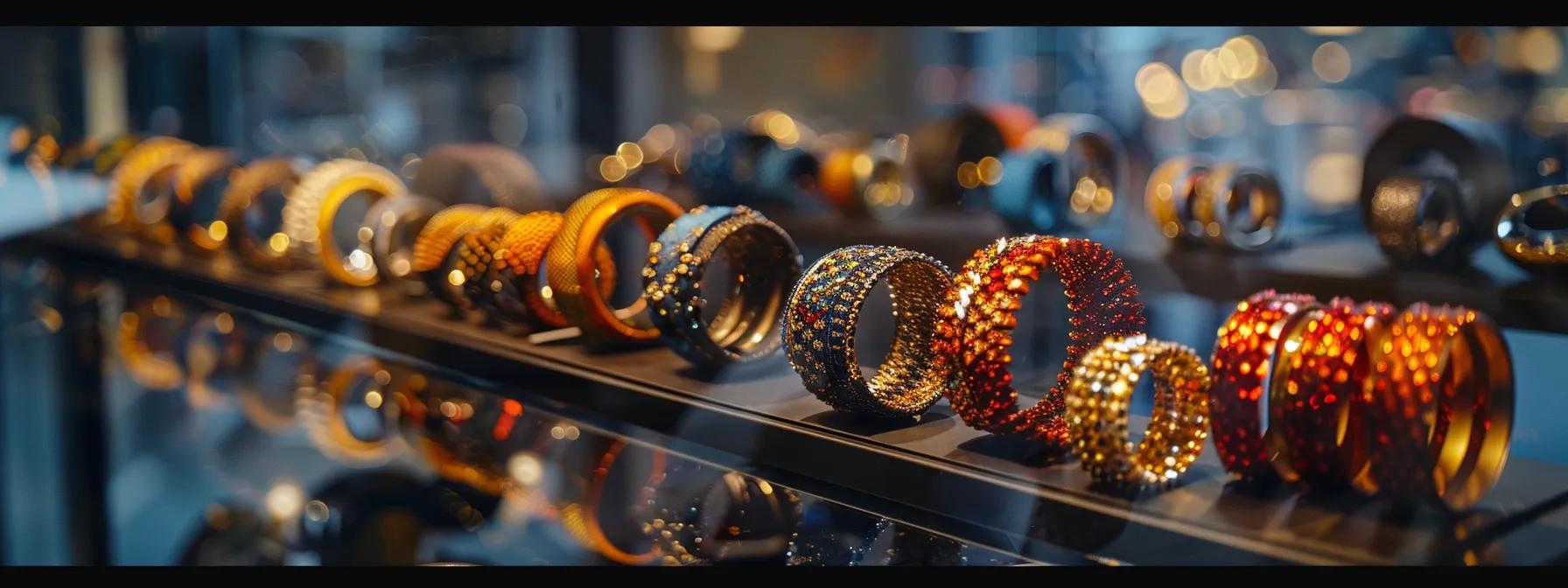 a stylish display of various fashion bracelets arranged on a sleek, modern glass surface, illuminated by soft spotlighting to highlight their unique textures and colors, set against a minimalist urban backdrop.