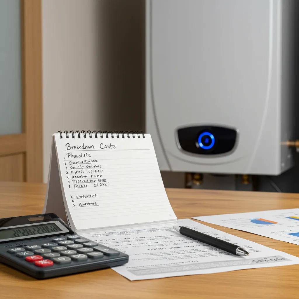 A visual breakdown of boiler installation costs, featuring a calculator and notepad in a home office setting