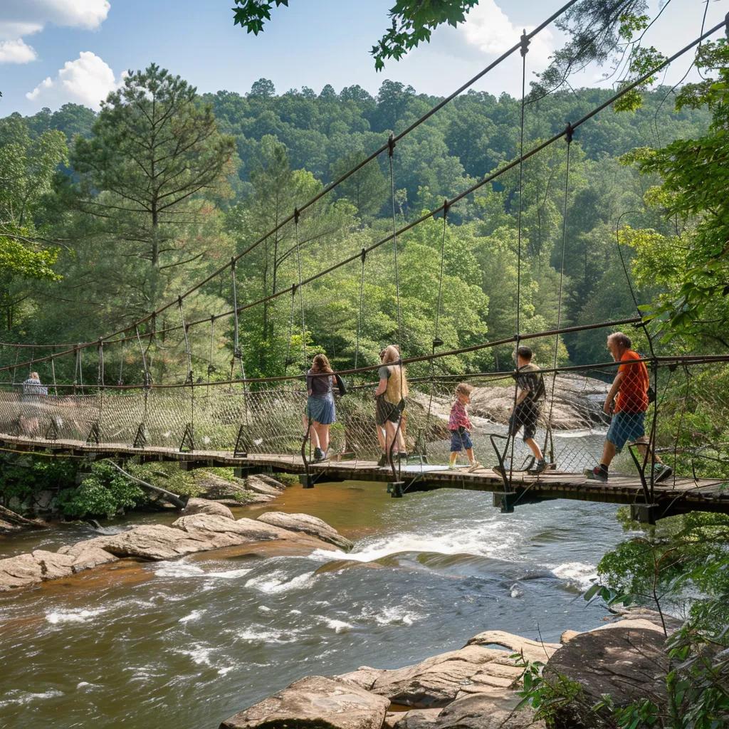 Family crossing Toccoa River Swinging Bridge, enjoying an adventurous hike