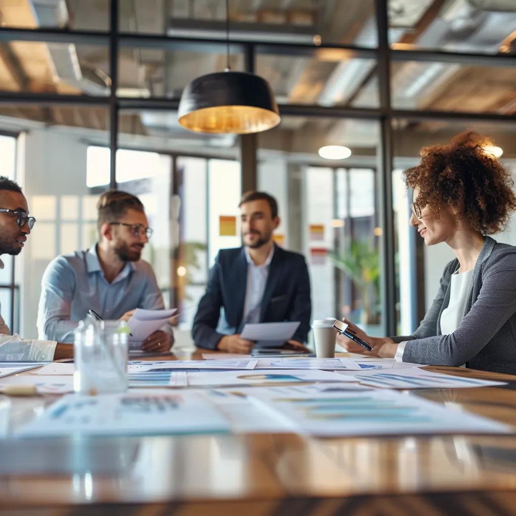 Business professionals collaborating in a conference room, discussing strategies for building a scalable business model