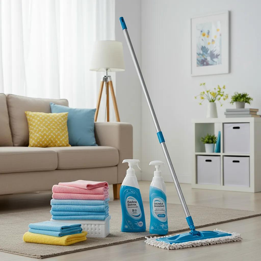 Bright living room with cleaning tools emphasizing effective housekeeping strategies