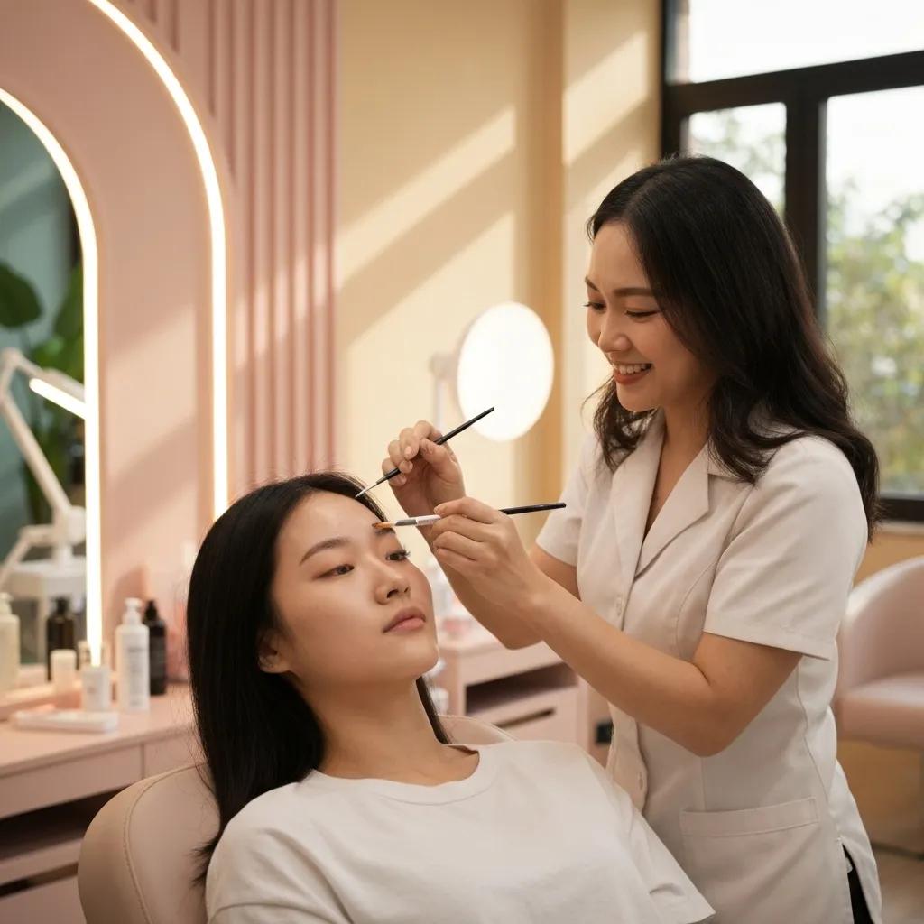 Brow lamination service in a modern beauty salon, showcasing a stylist working on a client's eyebrows