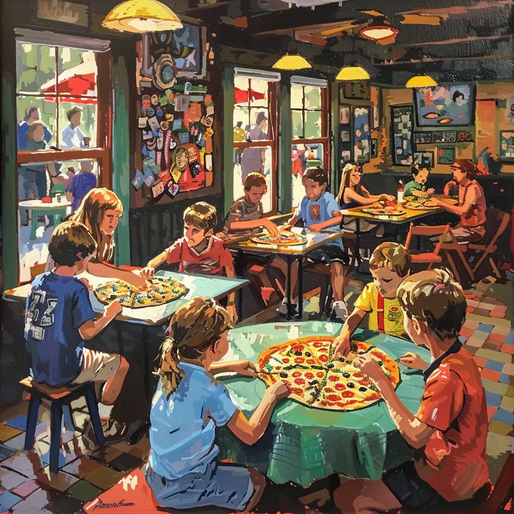 Children enjoying games and build-your-own pizza at a family-friendly restaurant in Blue Ridge Children enjoying games and build-your-own pizza at a family-friendly restaurant in Blue Ridge