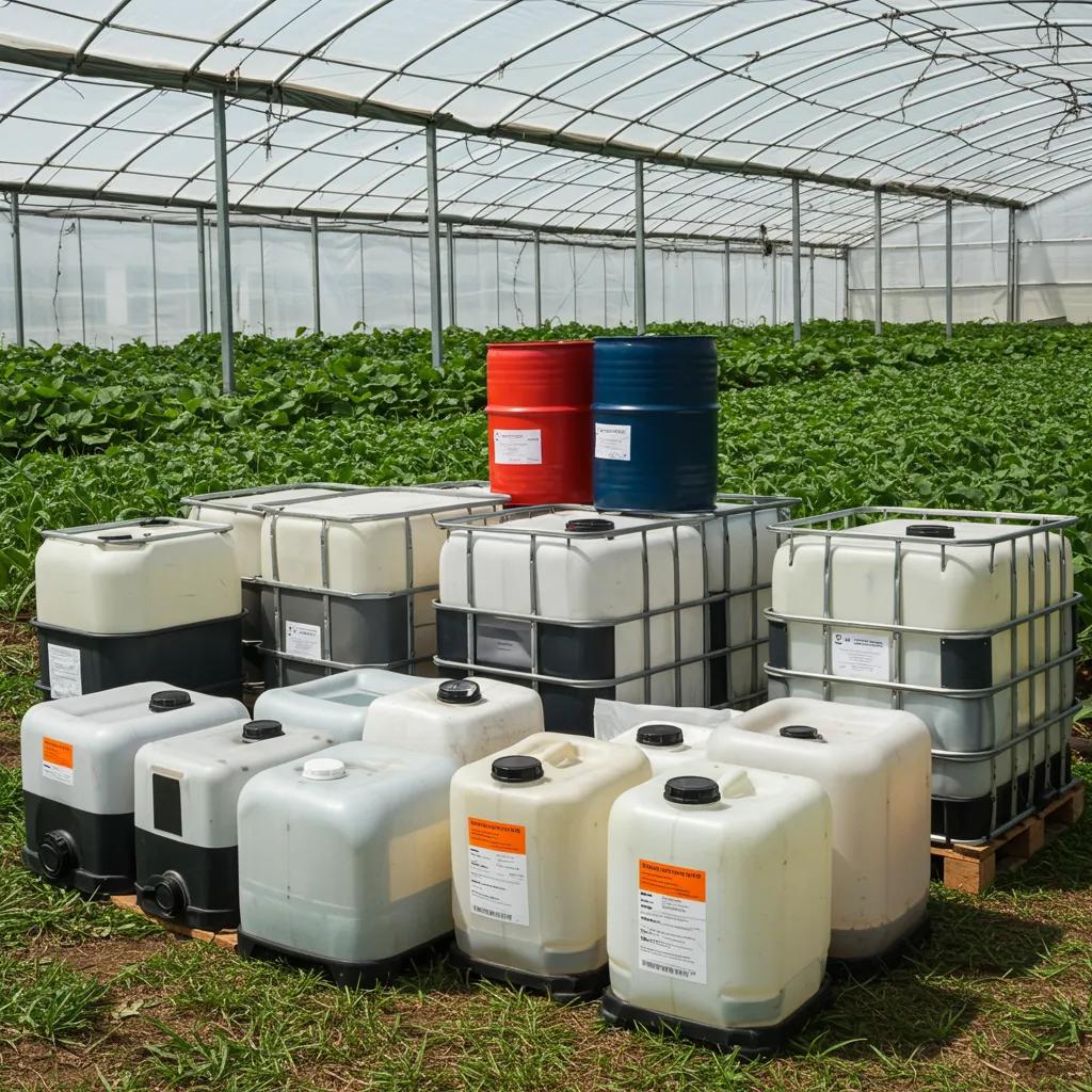 Large containers of bulk liquid chemicals in a vibrant agricultural setting with healthy plants