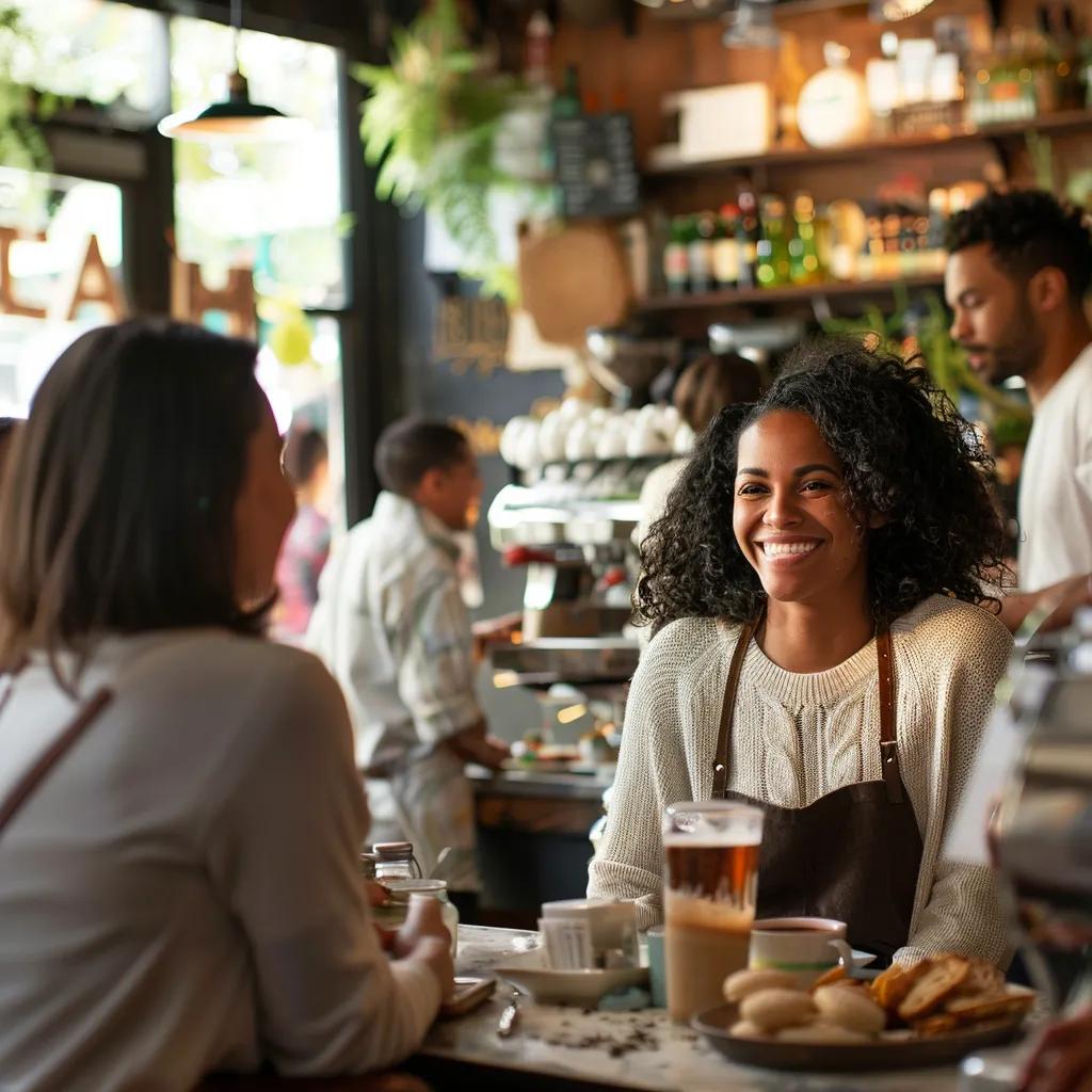 Local business owner engaging with customers in a cozy café, highlighting community and organic growth