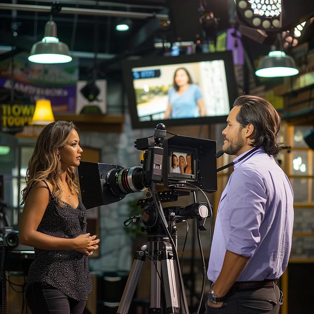 Local business owner being interviewed on TV, highlighting community engagement and media exposure