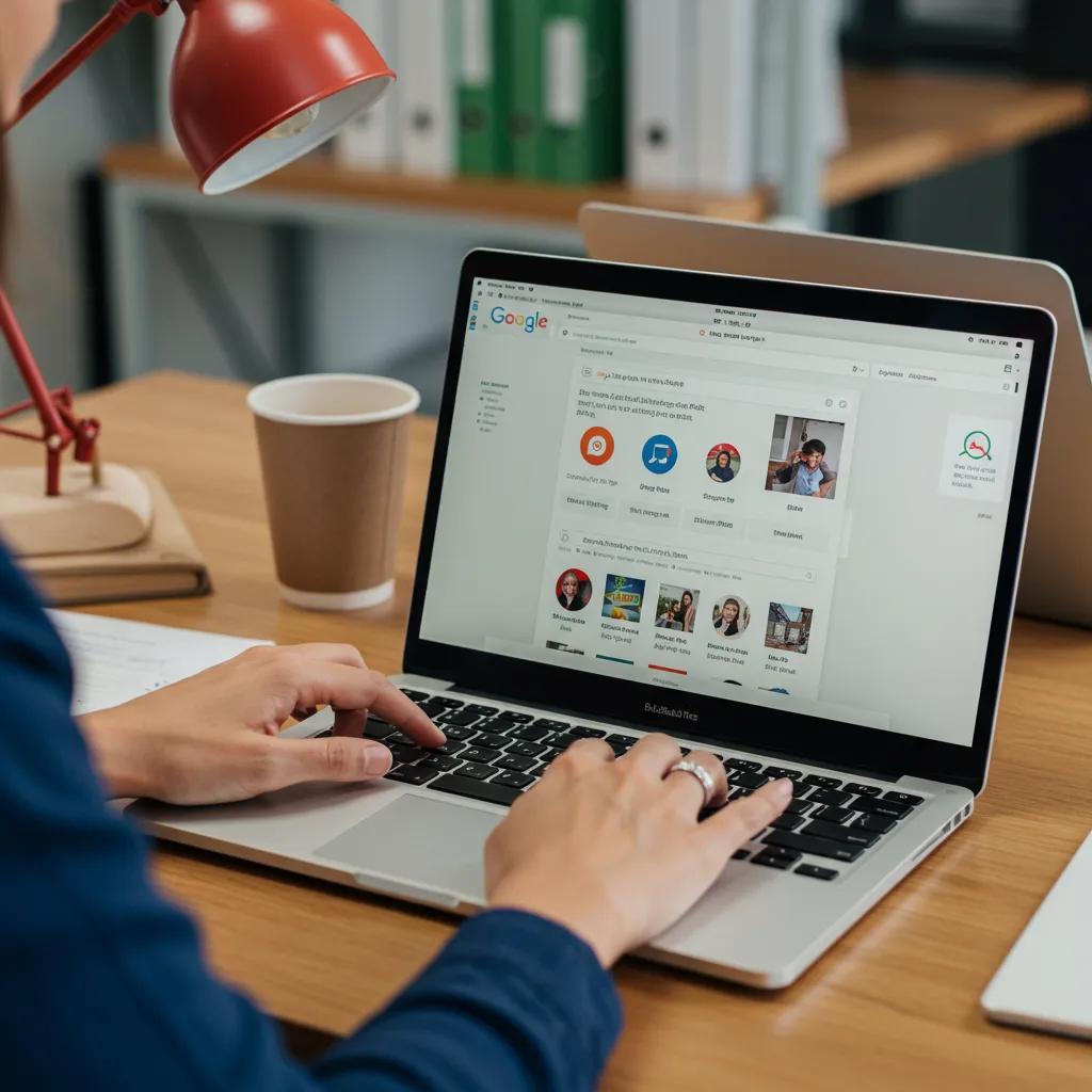 Business owner optimizing Google Business Profile on a laptop in a modern office