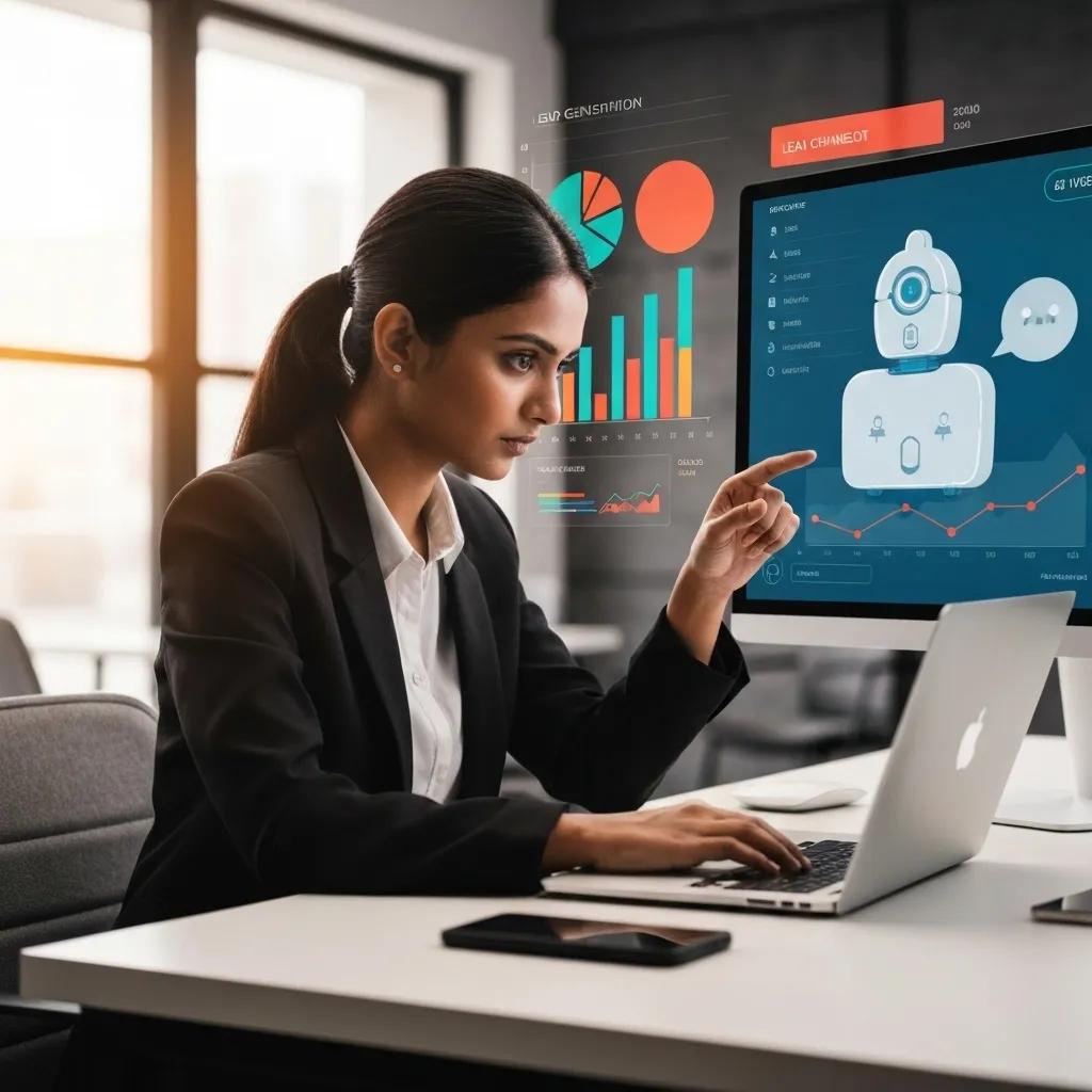 A business professional utilizing an AI chatbot for lead generation, with data analysis visuals in the background A business professional utilizing an AI chatbot for lead generation, with data analysis visuals in the background