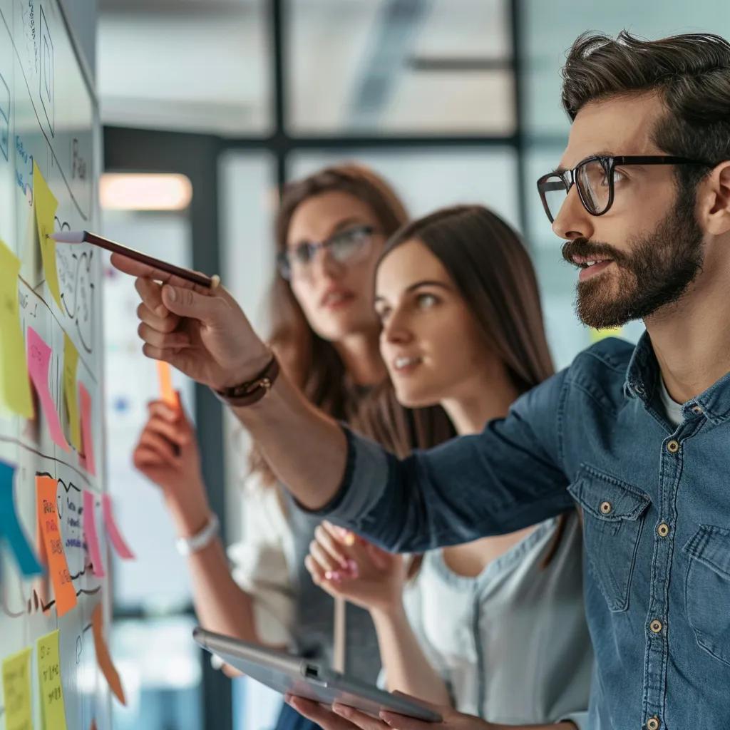 Business team setting clear and measurable AI objectives during a brainstorming session