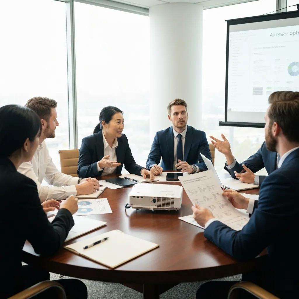 A diverse group of business professionals engaged in a focused meeting, meticulously evaluating potential AI vendors and implementation partners. A diverse group of business professionals engaged in a focused meeting, meticulously evaluating potential AI vendors and implementation partners.