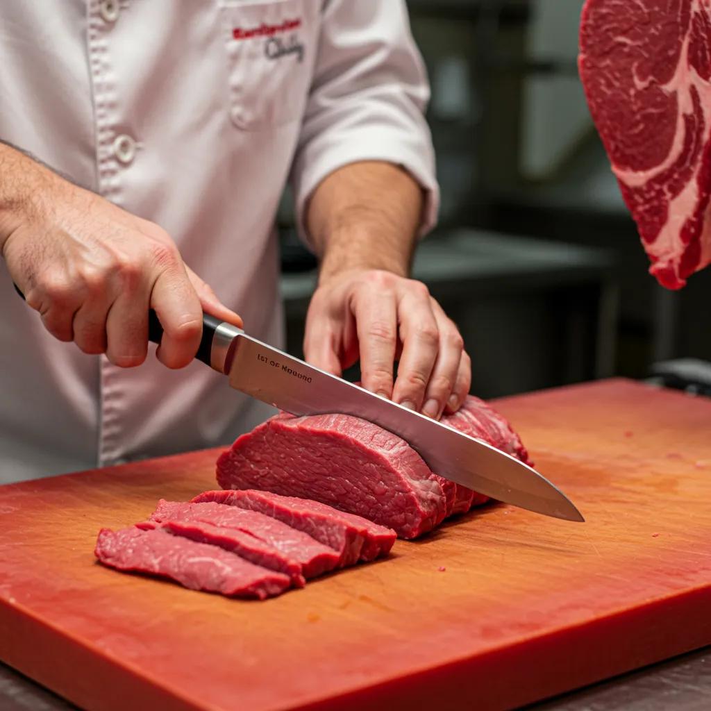 Butcher slicing lean beef cuts for jerky, focusing on Eye of Round and Top Round