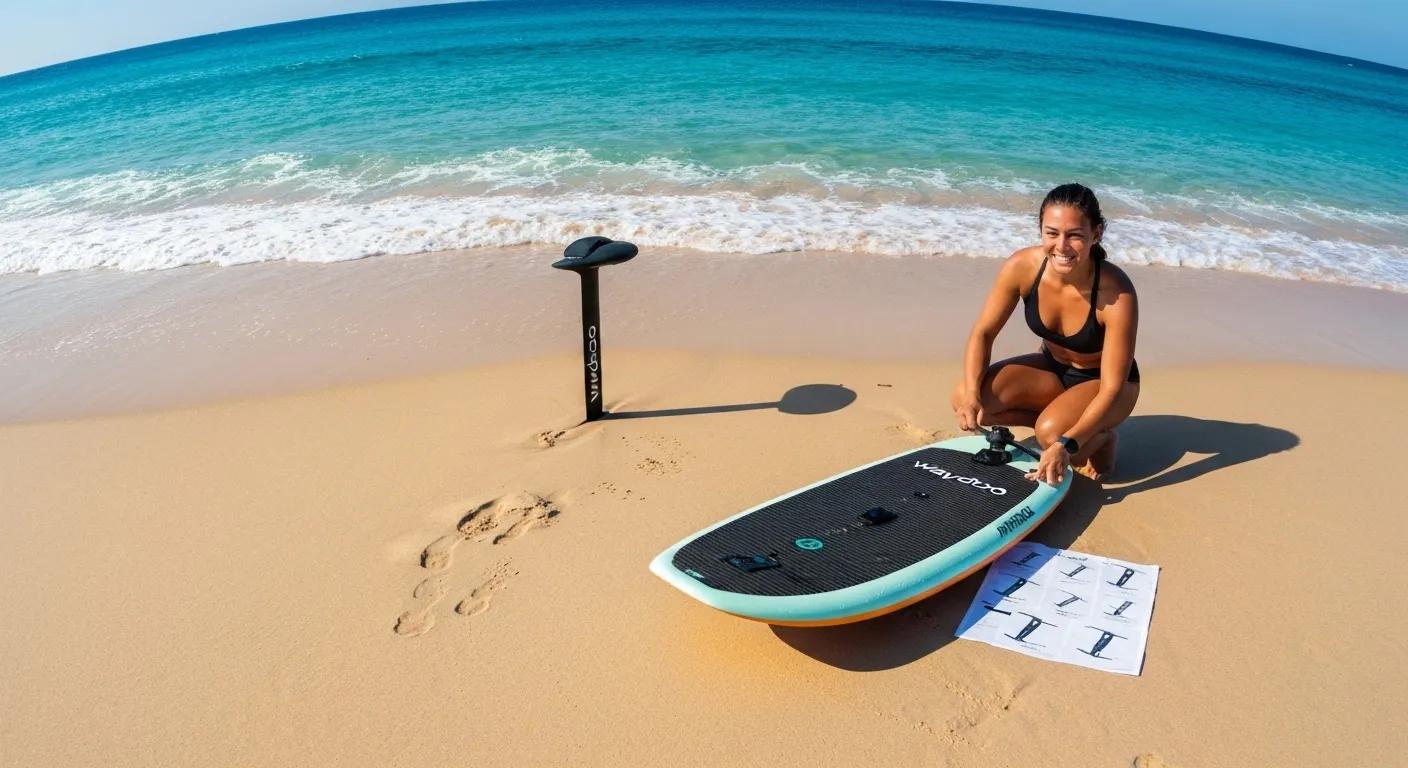 Waydoo Flyer ONE eFoil on the beach, emphasizing beginner-friendly features and preparation for first ride