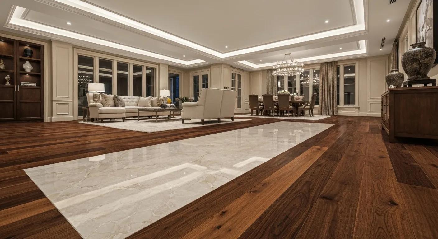 Elegant interior showcasing opulent natural stone and exotic wood flooring, embodying sophistication and superior craftsmanship