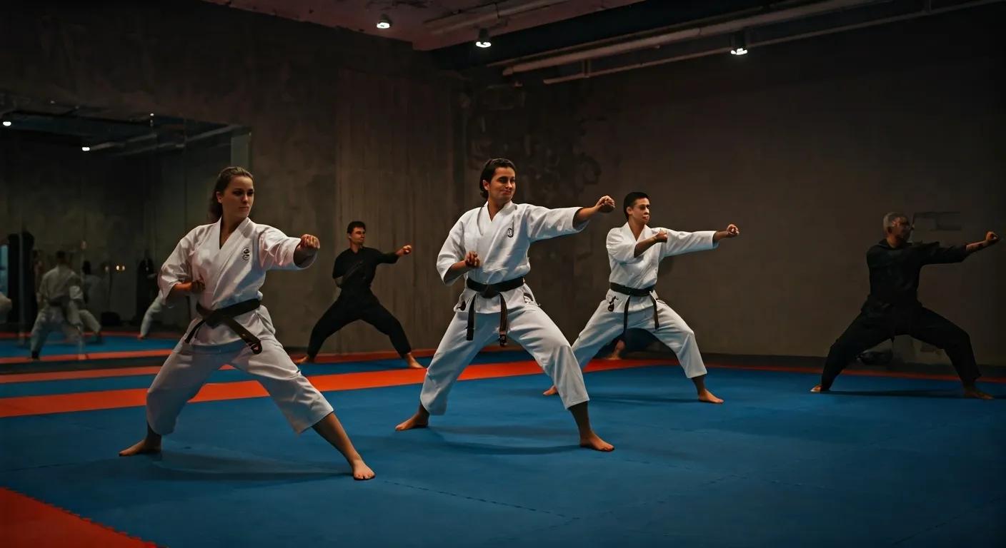 a dynamic martial arts training session takes place in a modern dojo, showcasing a diverse group of focused students in striking poses against the backdrop of sleek, minimalist décor that emphasizes discipline and personal growth.
