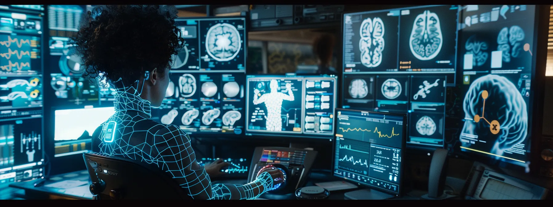 a person participating in a virtual check-up on their computer, surrounded by digital health monitoring systems and information.