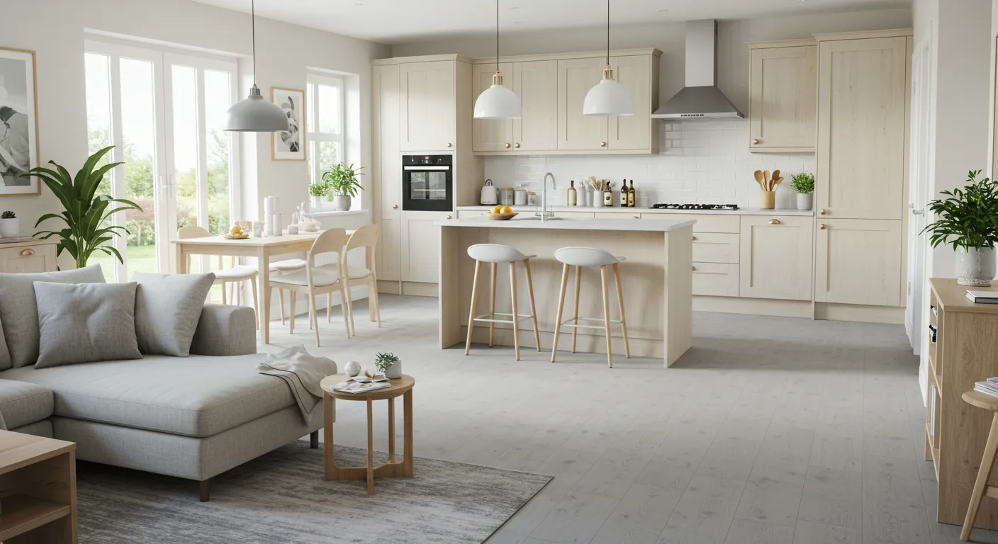 Open concept kitchen and living area with natural light and clean design