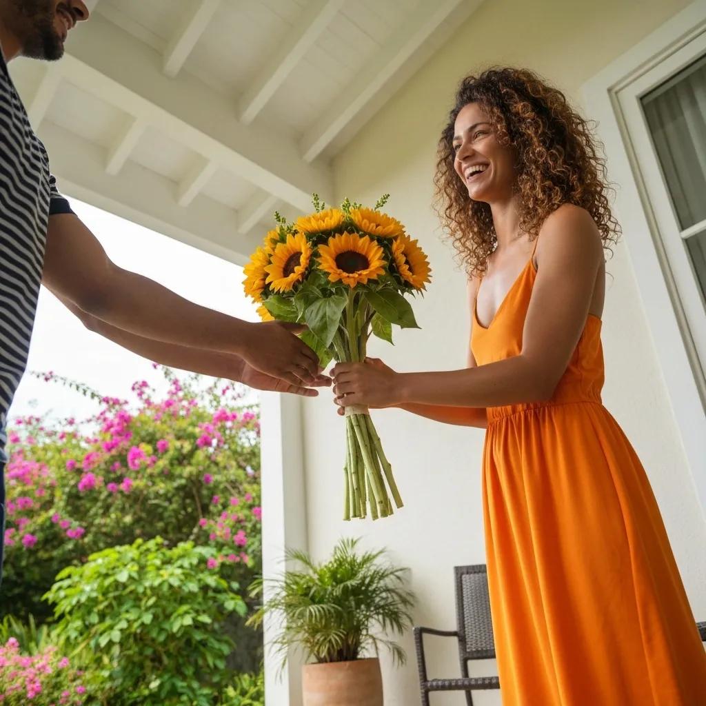 Person joyfully receiving a bouquet at their doorstep, illustrating the benefits of same-day flower delivery