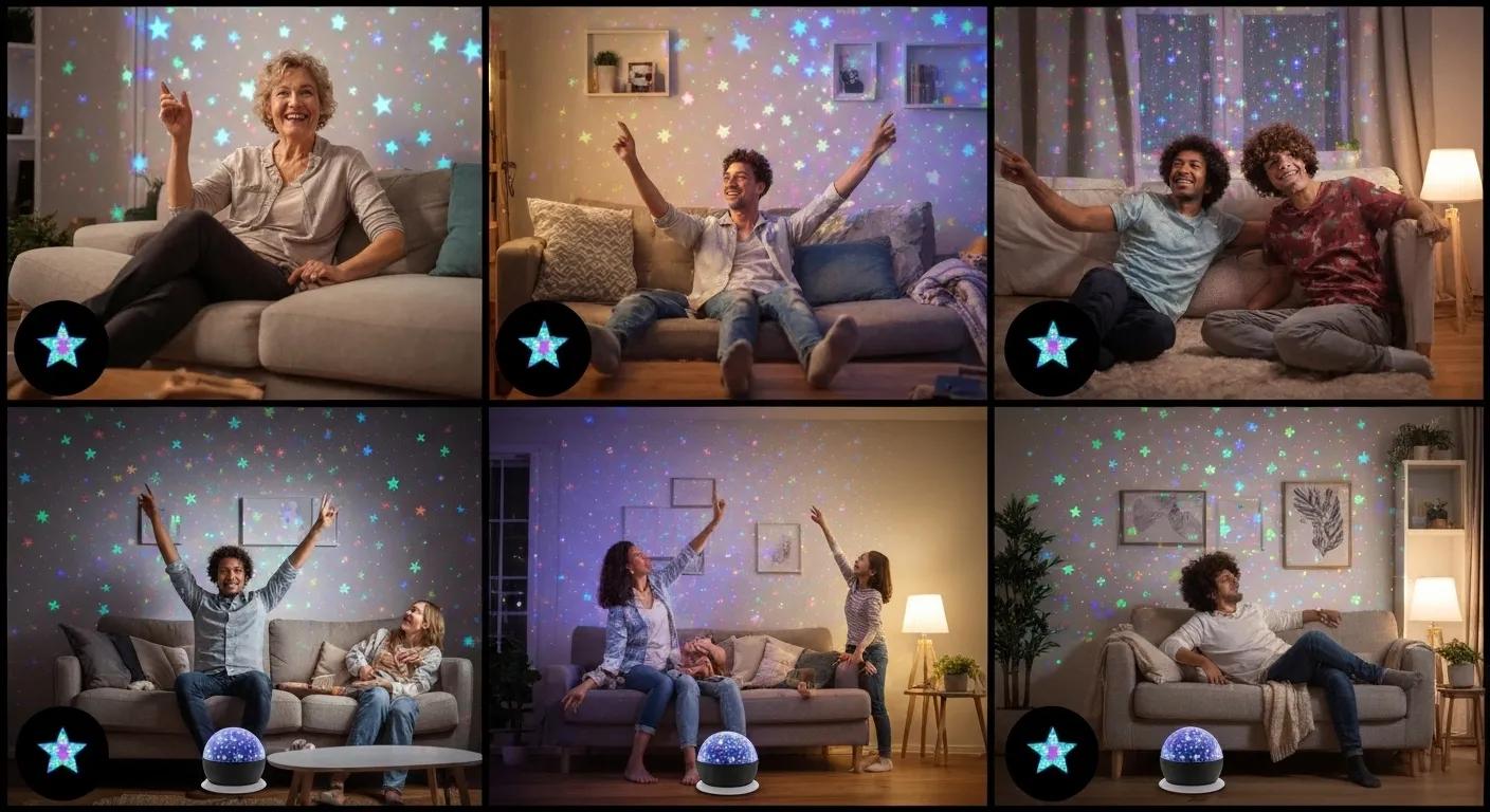 Joyful customers enjoying the magical ambiance of LED star projectors in various home settings