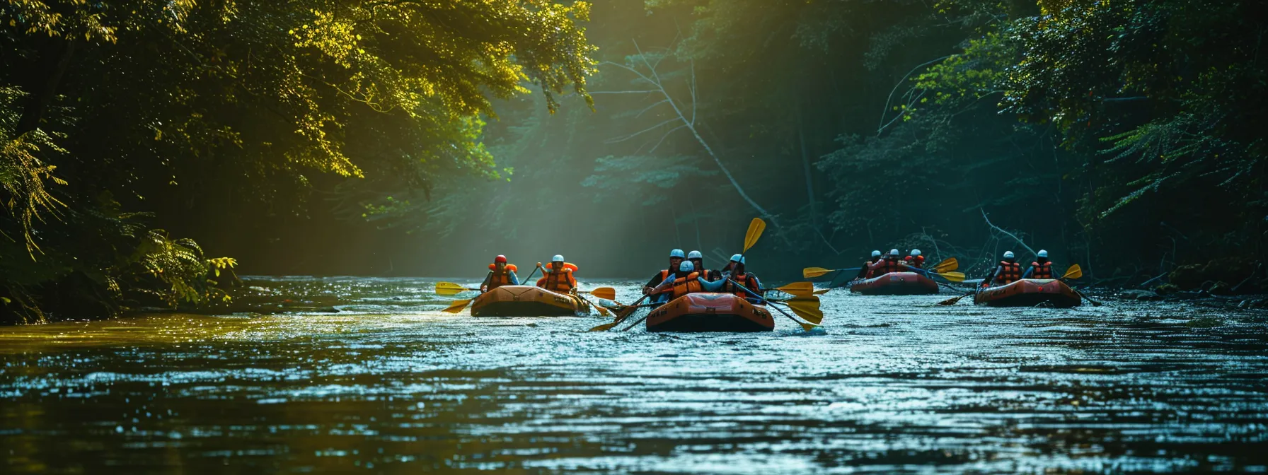 a group of rafters practicing paddle commands on calm water before heading into a rapid-filled river.