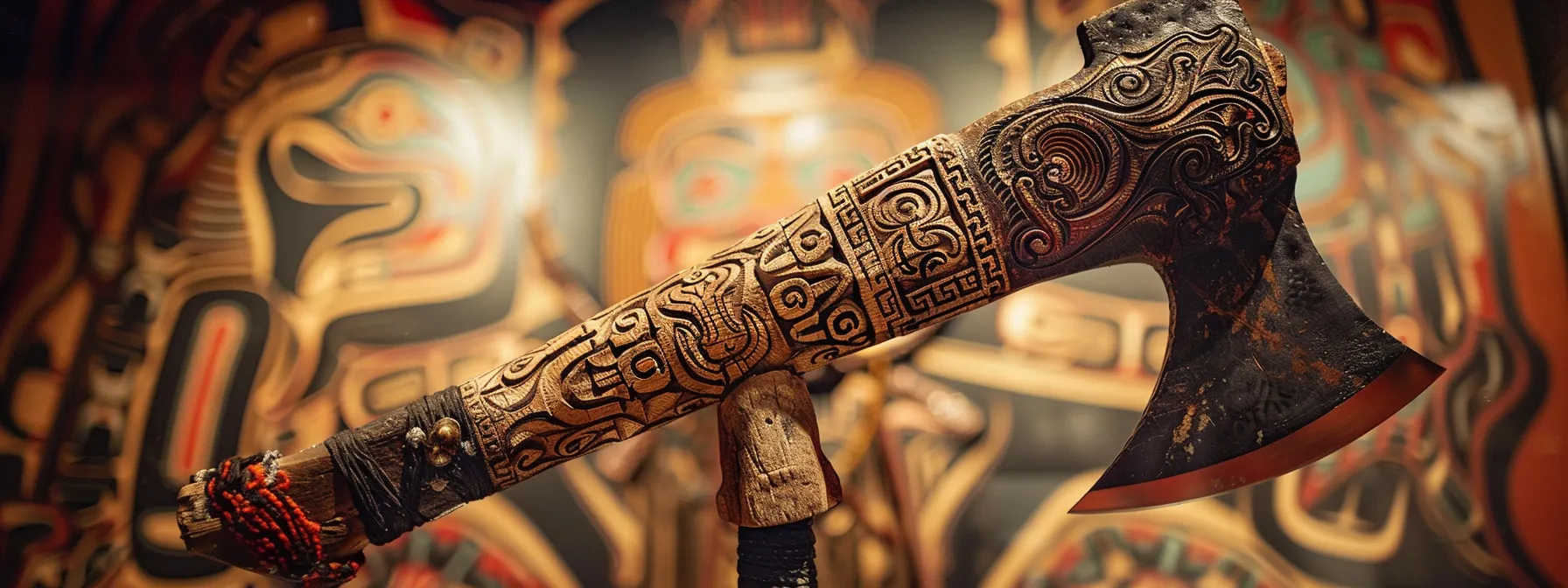 a majestic, ornately decorated axe displayed at the center of a ceremonial gathering, embodying power and tradition.