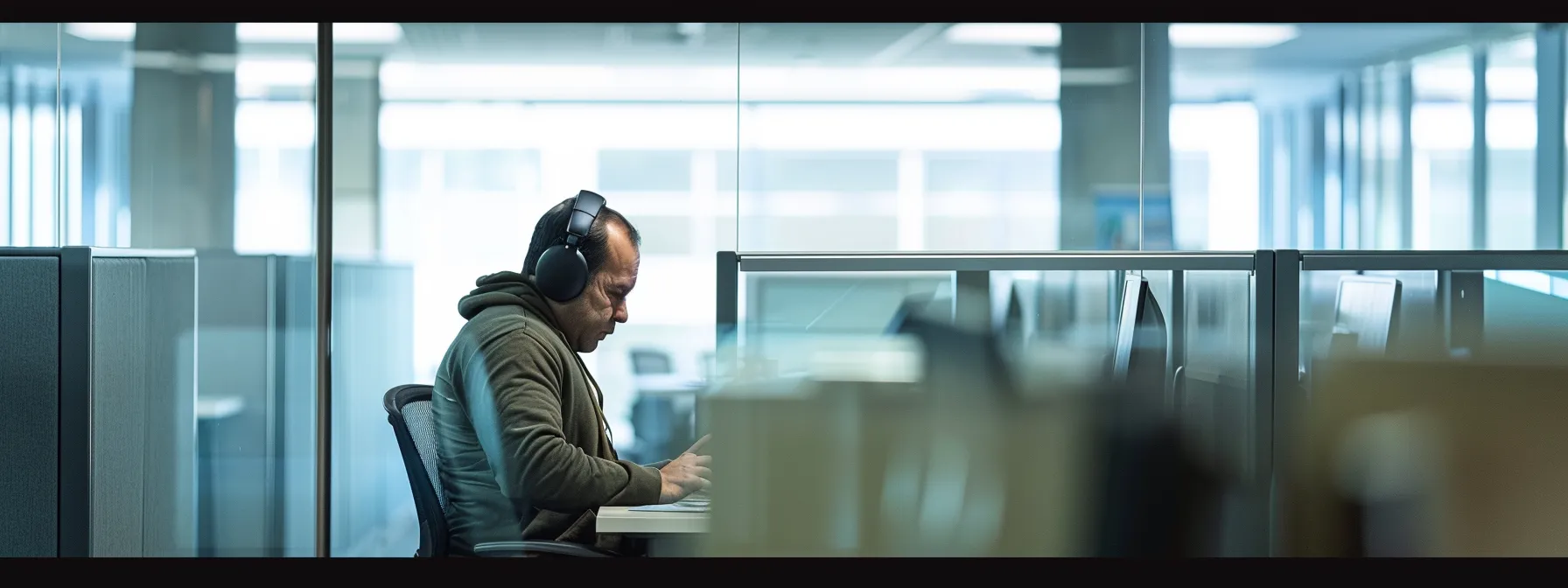 a person exercising in an office cubicle while using a smartphone.