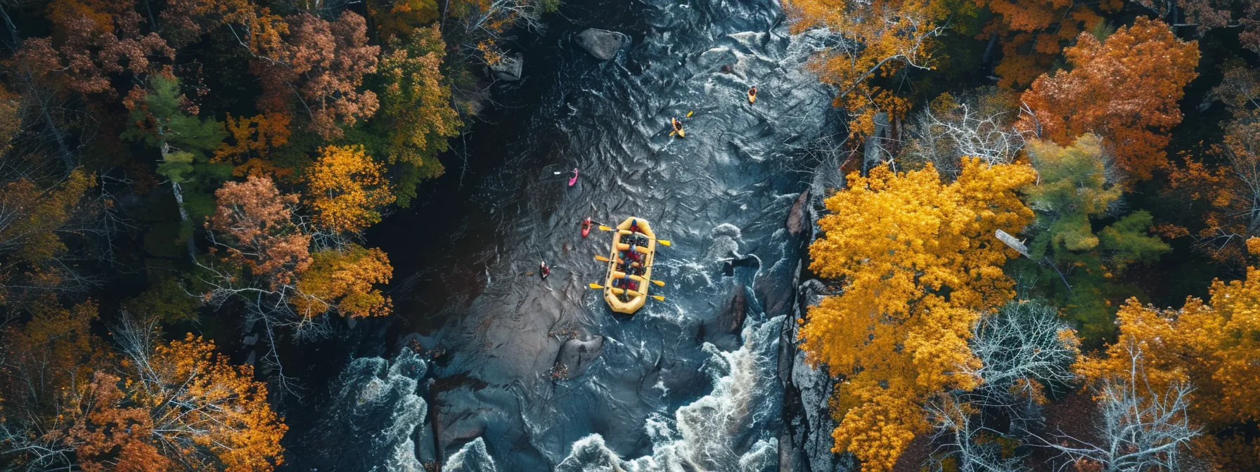 a group of adventurers navigating the ocoee river surrounded by vibrant autumn foliage, capturing the essence of thrilling fall rafting.