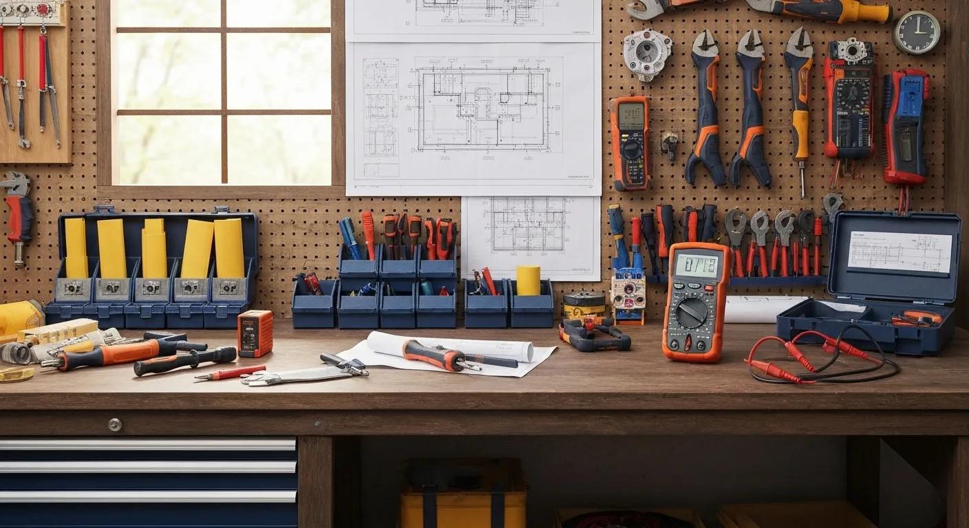 A modern, well-organized electrical workshop or toolkit with wires, circuit breakers, voltage meters, light bulbs, and electrical blueprints. Background features stylized city skyline representing Birmingham, UK. Infographic-style layout with icons of clocks and currency symbols to suggest hourly rates. Clean, professional design, no people or animals.