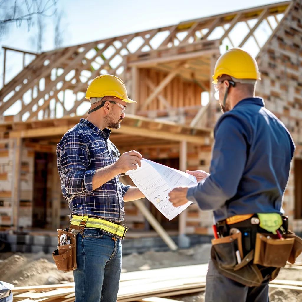 Builders discussing payment schedules at a construction site with a partially built house in the background Builders discussing payment schedules at a construction site with a partially built house in the background