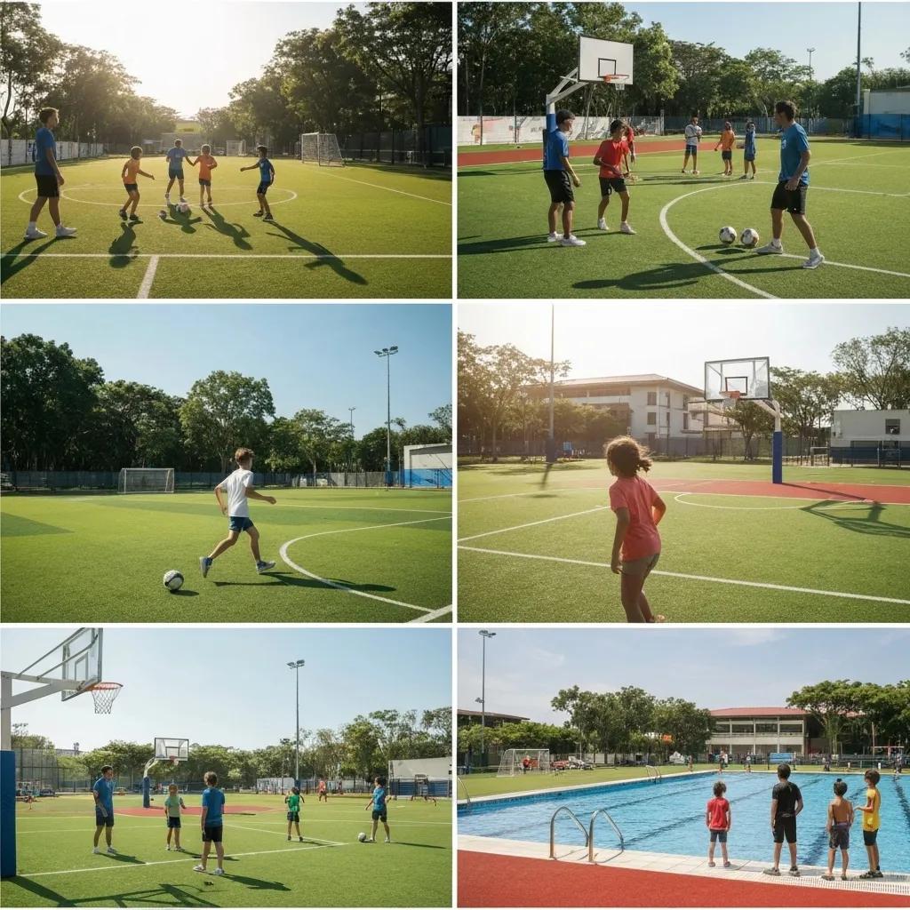 Multi-sport camp facility in Singapore with children participating in various sports Multi-sport camp facility in Singapore with children participating in various sports