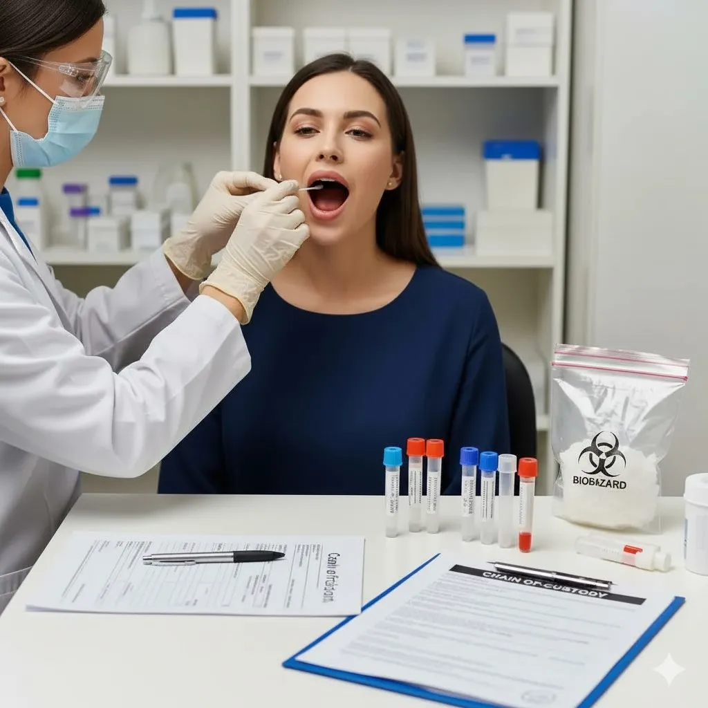 Staff demonstrating sample collection steps for parental DNA testing at Healthline