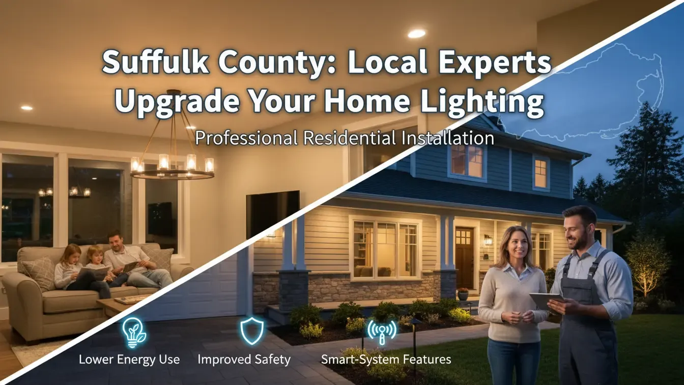Suffolk County residential lighting upgrade showing modern interior lighting, exterior home illumination, and professional installation services