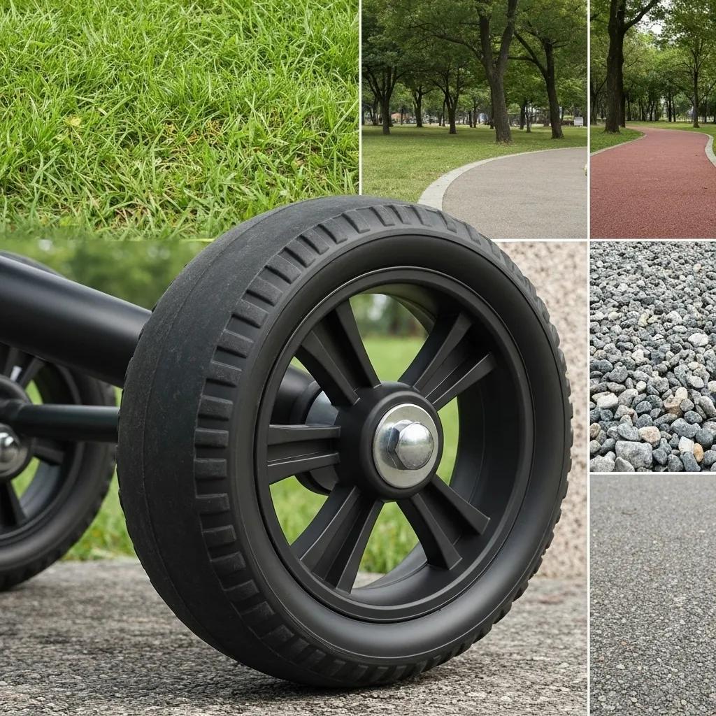 Close-up of puncture-resistant wheels on a baby trike, demonstrating all-terrain performance