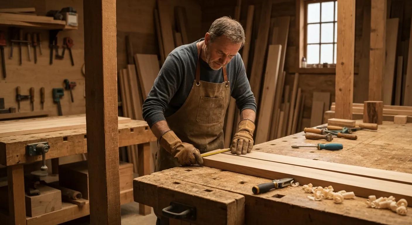 An artisan carefully measuring wood in a workshop during the customisation process for timber furniture