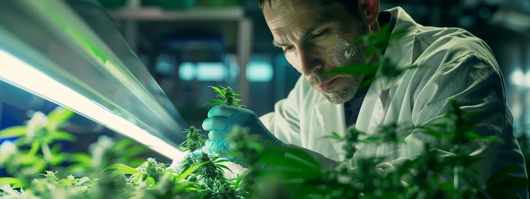 a researcher carefully studying cannabis plants in a tightly regulated laboratory setting.