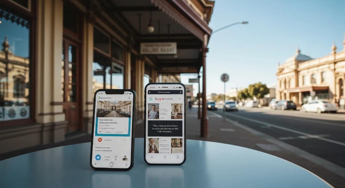 A storefront in Ballarat featuring a smartphone displaying a well-optimised Google Business Profile