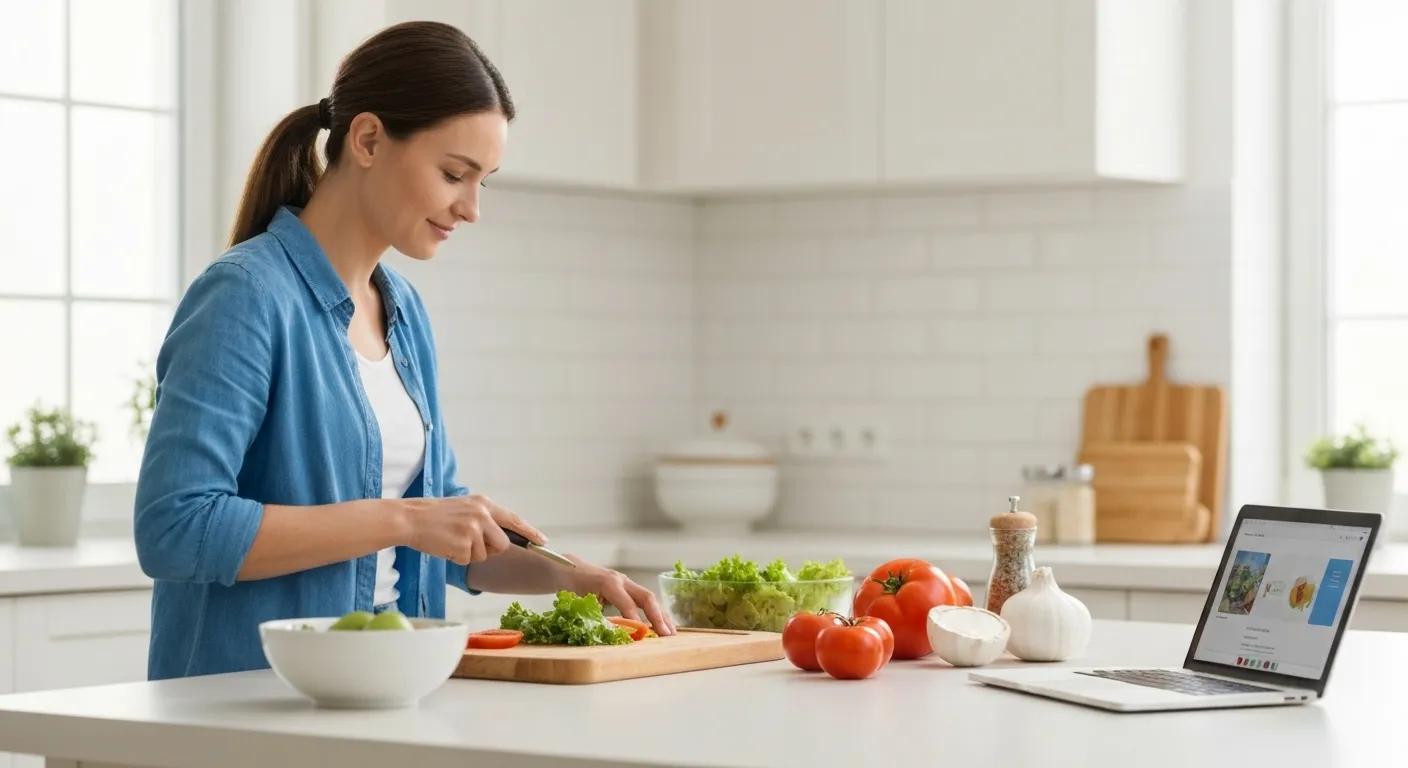 Busy professional using AI meal planning in a modern kitchen with fresh ingredients