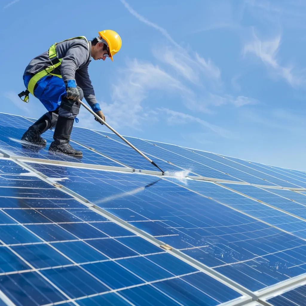 Technician cleaning solar panels on a rooftop with specialized equipment