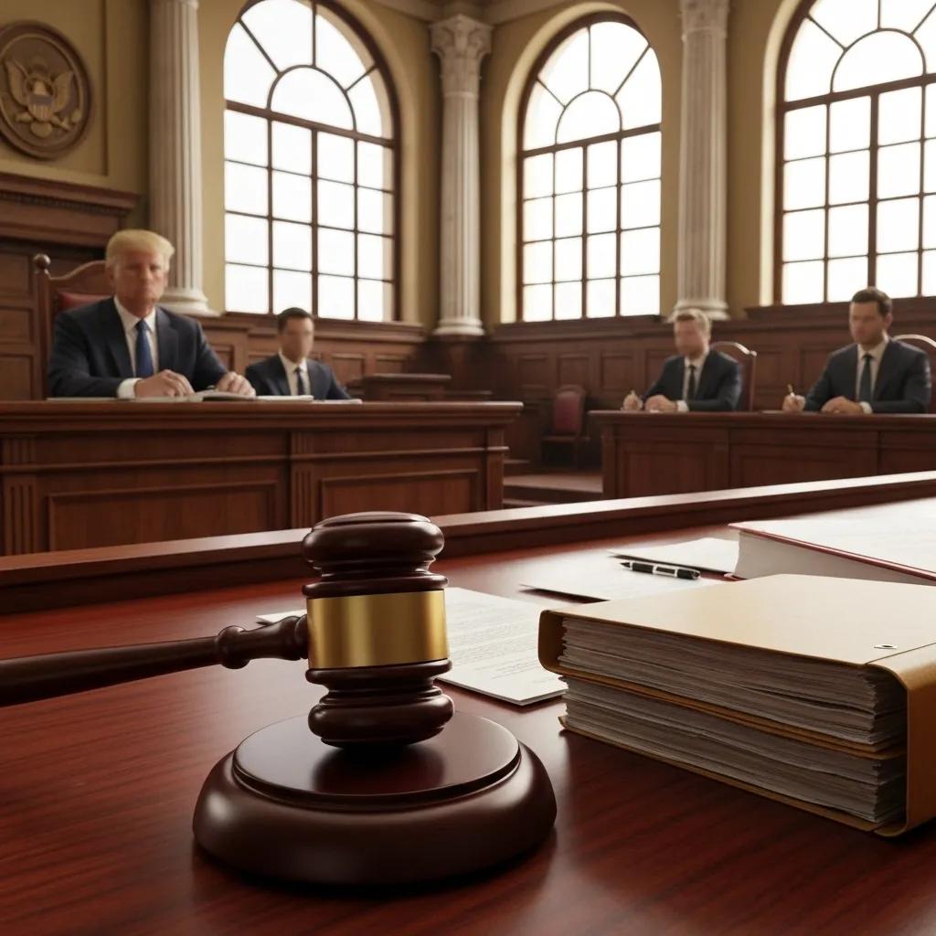 A courtroom scene depicting Donald Trump's legal proceedings, complete with documents and a gavel