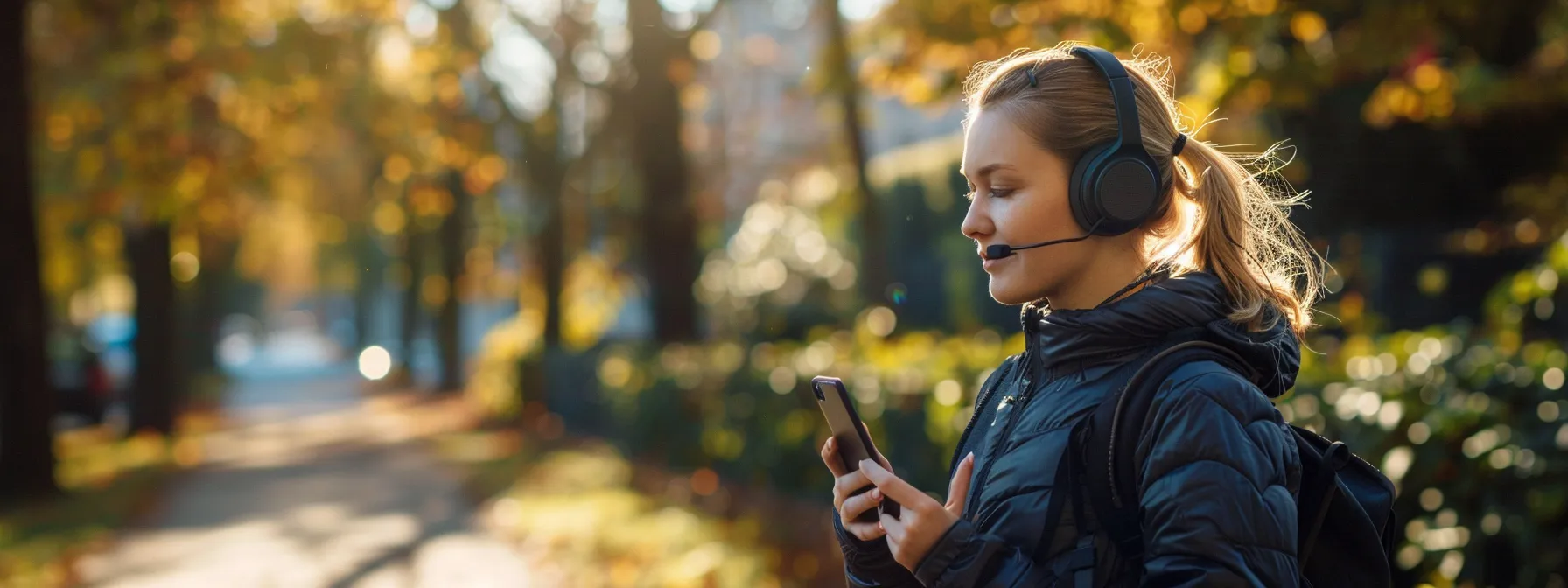 a person walking outside listening to a mindfulness podcast on their phone.